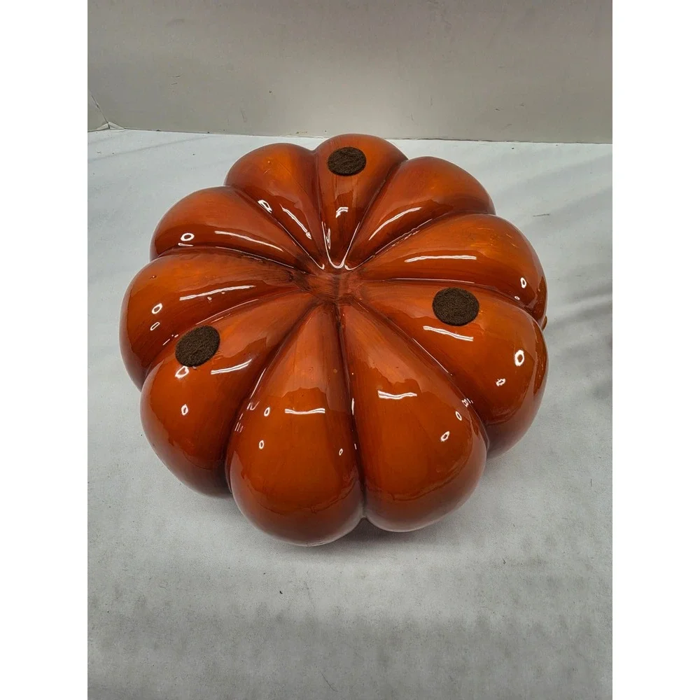 Ceramic Pumpkin Cookie Jar Fall Harvest Orange Glazed Lidded Canister Acorn Leaf